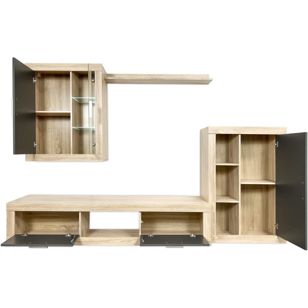 Meyvaser Mueble de salón y TV Moderno con Leds Color Cambria y Grafito Módulo de Comedor 259 Cm