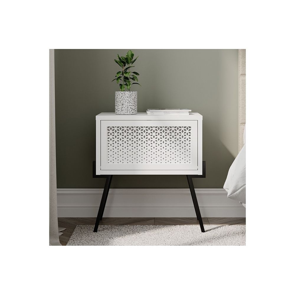 Mesita de noche con 1 cajón Color Blanco y Negro Abatible-48x34x51cm - Diseño moderno